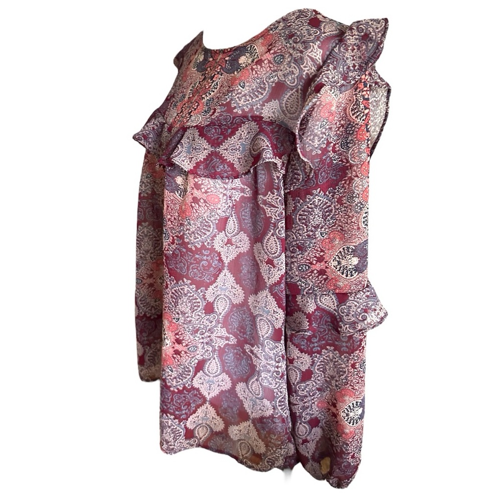 Womens Knox Rose Chiffon Blouse Burgundy Ruffled Prairie Sheer Lightweight XS - Picture 2 of 6